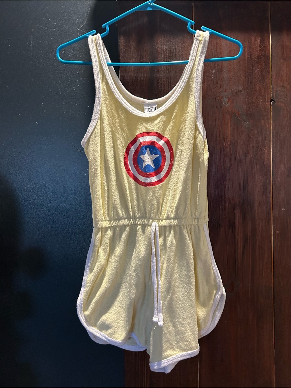 Yellow Terry Romper with Captain America Shield
